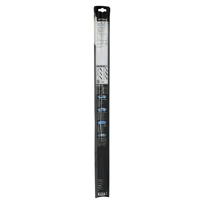 Bosch Aerotwin Scheibenwischer - AP750U, Anzahl: 1 Stk. - Abbildung einer Verpackung für einen Bosch Aerotwin AP 750 U Scheibenwischer, die Montageanleitungen und Produktmerkmale zeigt.