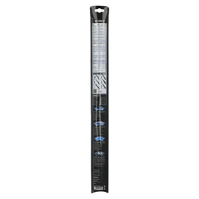Bosch Aerotwin Scheibenwischer - AP600U, Anzahl: 1 Stk. - Ein schlanker Bosch Aerotwin AP 600 U Scheibenwischer, verpackt in einer länglichen, transparenten Plastikverpackung mit schwarzem Aufdruck.
