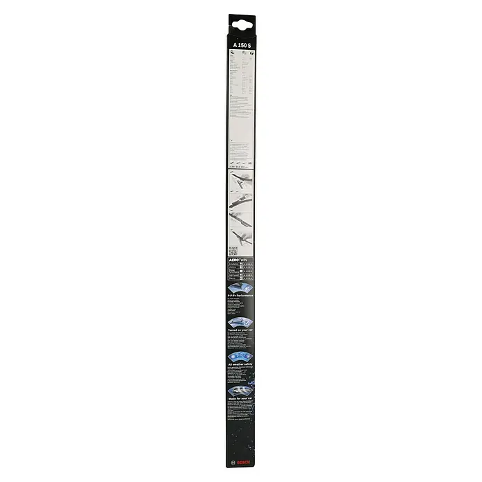 Bosch Aerotwin Scheibenwischer-Set - A150S, 2 Stk. - Produktverpackung der Bosch A 150 S Aerotwin Scheibenwischer mit Montageanleitung und Produktinformationen für klare Sicht.