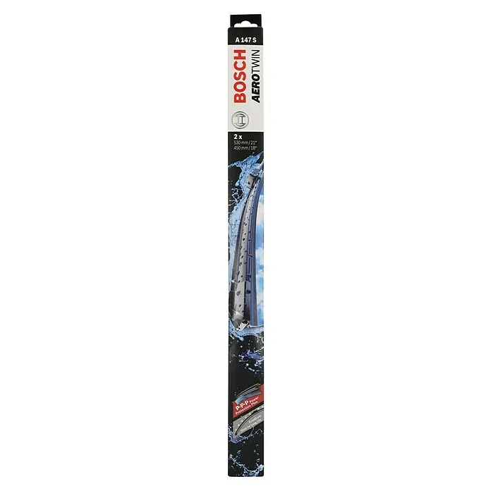 Bosch Aerotwin Scheibenwischer-Set - A147S, 2 Stk. - Produktverpackung für Bosch Aerotwin Scheibenwischer A 147 S, 2 Stück (530mm/21" und 450mm/18"), mit Power Protection Plus Technologie für lange Lebensdauer.