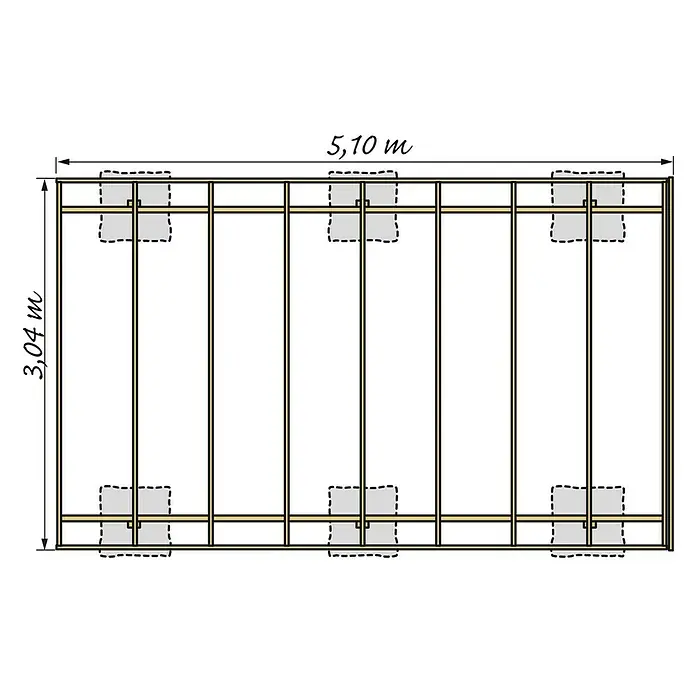Kiehnholz Carport - Außenmaß inkl. Dachüberstand (B x T): 304 x 510 cm, Holz, Carport geeignet für: PKWs - Draufsicht eines Holzrahmenbaus mit Maßangaben, die eine detaillierte Konstruktionsübersicht bietet.