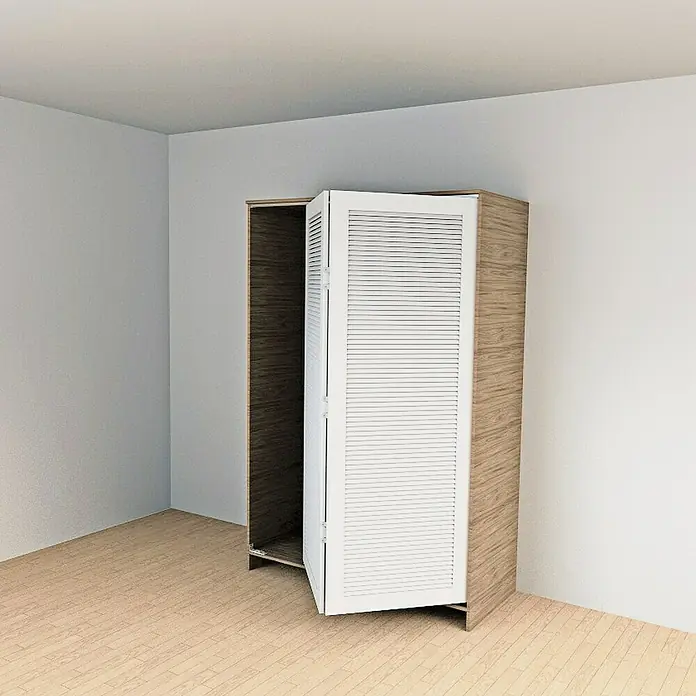 HBS Betz Falttürbeschlag - Länge: 120 cm - Das Bild zeigt einen Eckschrank mit Lamellentüren, der teilweise geöffnet ist und einen Einblick in das dunkle Innere gewährt.