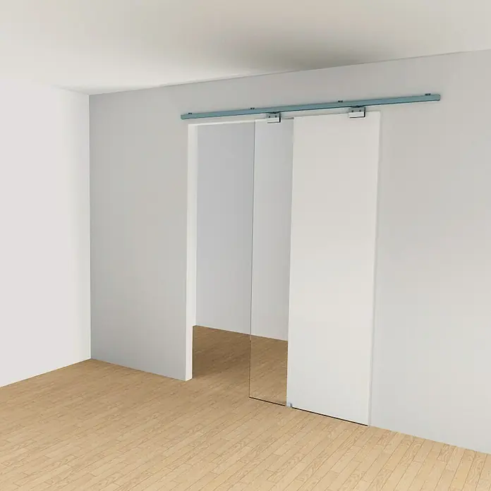 HBS Betz Zimmerschiebetürbeschlag - Länge: 190 cm, Traglast: 80 kg - Das Bild zeigt eine moderne Schiebetür mit Glas, die sich perfekt in ein minimalistisches Interieur einfügt. Die Tür bietet eine elegante Raumtrennung.