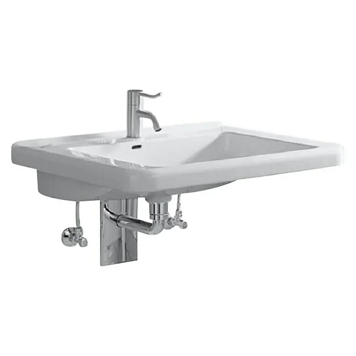 Geberit Renova Comfort Waschtisch - 60 x 55 cm, Ohne Spezialglasur, Hahnloch: Mitte, Mit Überlauf, Weiß - Ein elegantes, wandmontiertes Waschbecken mit modernem Wasserhahn und verchromter Rohrleitung. Ideal für ein stilvolles Badezimmer.