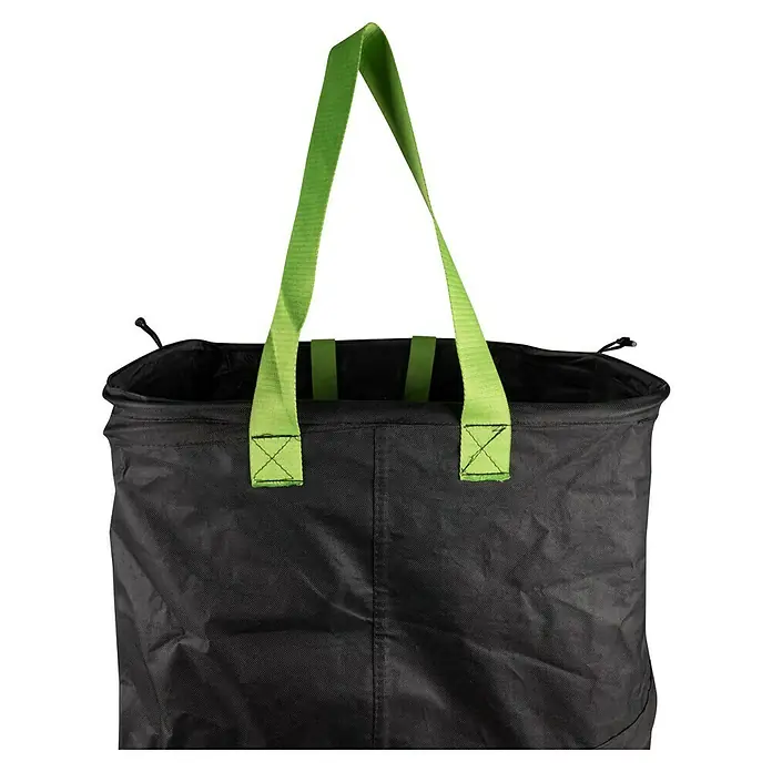 Windhager Pop-Up Gartenabfallsack Square - Fassungsvermögen: 180 l, B x H: 52 x 68 cm, Schwarz - Nahaufnahme einer schwarzen Gartentragetasche mit hellgrünen Trägern. Ideal für Gartenarbeiten und zum Sammeln von Laub und Abfällen im Freien.