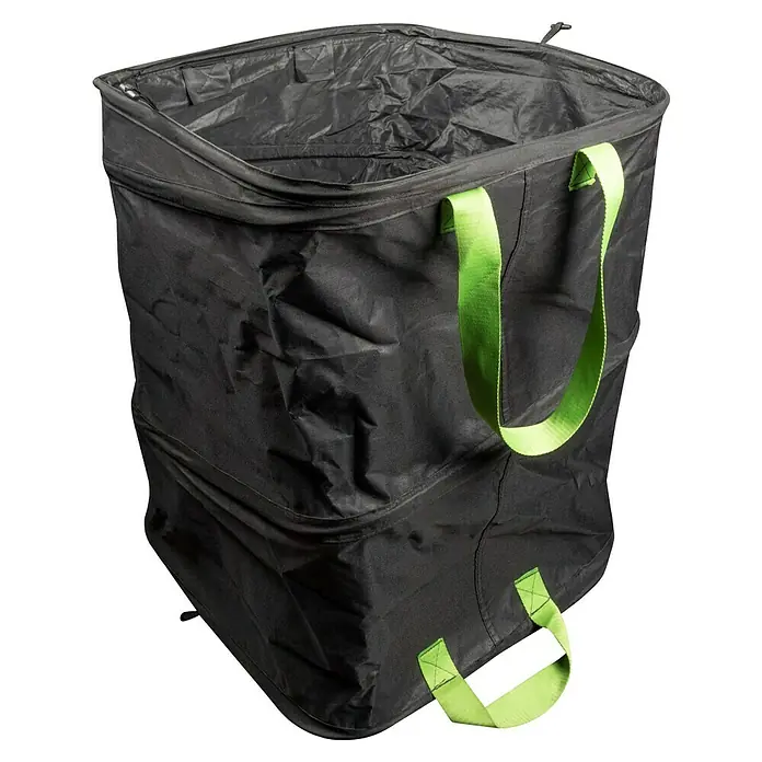 Windhager Pop-Up Gartenabfallsack Square - Fassungsvermögen: 180 l, B x H: 52 x 68 cm, Schwarz - Eine schwarze, faltbare Gartentonne mit grünen Griffen, die sich ideal für Gartenabfälle eignet. Praktisch und platzsparend!