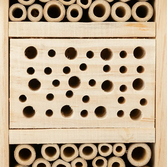Windhager Insektenhotel TinyL x B x H: 26 x 15 x 9 cm, Spitzdach - Nahaufnahme eines Insektenhotels mit Bambusröhren und Bohrlöchern in Holz, ideal für Wildbienen und andere nützliche Insekten.