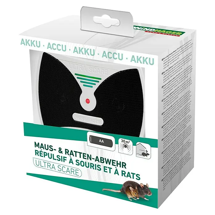 Windhager Ratten- & Mäusebekämpfung Ultra Care - Nager, Akkubetrieben - Abbildung der Verpackung des Windhager Ultra Scare Maus- und Rattenabwehrgeräts zur Schädlingsbekämpfung.