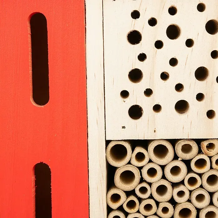 Windhager Insektenhotel Flat - L x B x H: 22 x 28 x 10,5 cm, Holz - Nahaufnahme eines Insektenhotels mit roten Holzdetails, Bohrlöchern und Bambusstücken, ideal für Nützlinge im Garten.