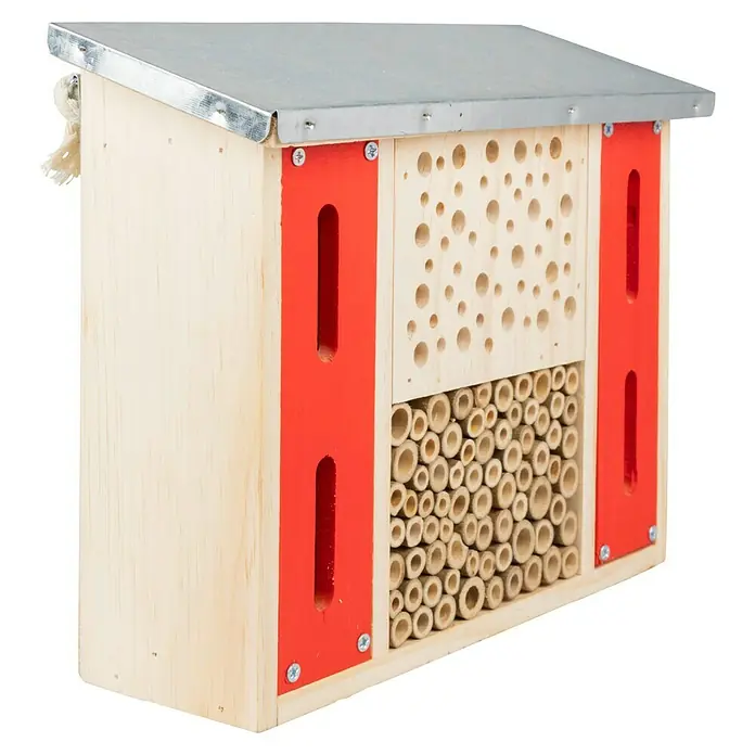Windhager Insektenhotel Flat - L x B x H: 22 x 28 x 10,5 cm, Holz - Ein Insektenhotel aus Holz mit einem Metalldach und verschiedenen Nistmöglichkeiten für Insekten. Es bietet einen sicheren Unterschlupf.