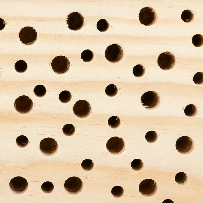 Windhager Insektenhotel Tower - L x B x H: 49 x 29 x 10 cm, Holz - Nahaufnahme eines Insektenhotels aus Holz mit vielen runden Löchern, die verschiedenen Insekten als Nistplatz dienen.