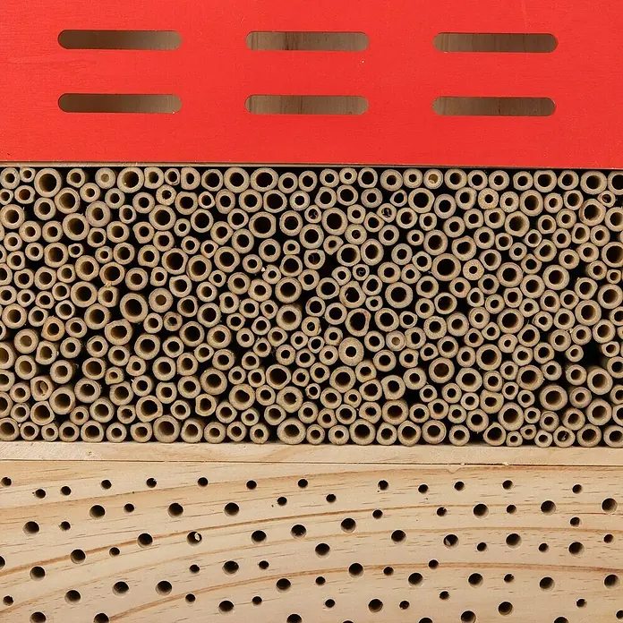 Windhager Insektenhotel High Rise - L x B x H: 80 x 50 x 12 cm, Holz - Nahaufnahme eines Insektenhotels mit roten Akzenten, Bambusröhren und Holzbohrungen, die eine einladende Umgebung für Insekten schaffen.