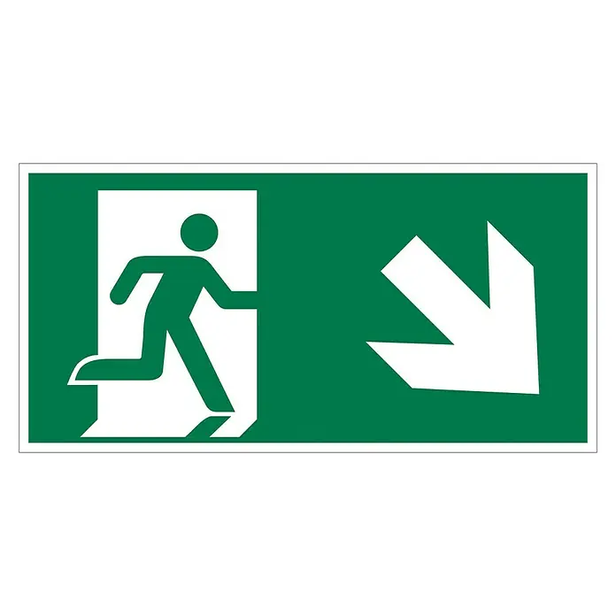 Pickup Fluchtwegschild - Motiv: Notausgang-Pfeil rechts unten, L x B: 30 x 15 cm - Grünes Notausgangsschild mit weißer laufender Person und Pfeil nach unten rechts, das einen sicheren Evakuierungsweg weist.
