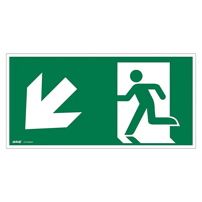 Pickup Fluchtwegschild - Motiv: Notausgang-Pfeil links unten, L x B: 30 x 15 cm - Ein grünes Notausgangsschild mit einem weißen Pfeil und einer Person, die nach links aus einer Tür rennt.
