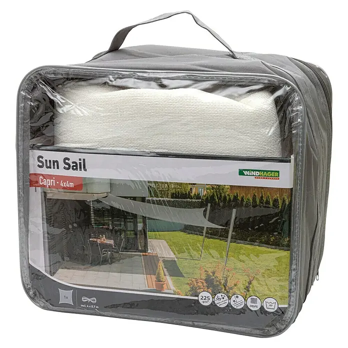 Windhager Sonnensegel Capri - L x B: 4 x 4 m, Quadratisch, Weiß - Eine verpackte, quadratische Capri 4x4m Sonnensegel-Plane von Windhager im grauen Tragebehälter.