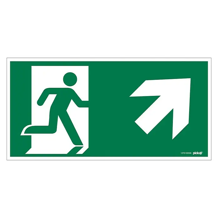 Pickup Fluchtwegschild - Motiv: Notausgang-Pfeil rechts oben, L x B: 30 x 15 cm - Grünes Notausgangsschild mit weißem Symbol für rennende Person und Pfeil nach rechts oben.