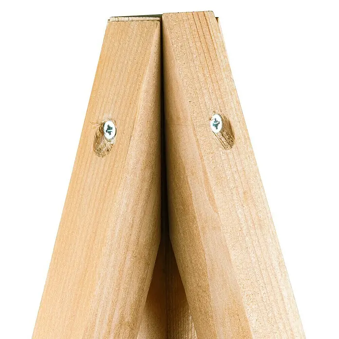 Windhager Rankhilfe Tipi - L x B x H: 75 x 75 x 145 cm, Holz - Nahaufnahme von zwei hellen Holzstücken, die mit Schrauben verbunden sind, die die Details der Holzstruktur und Verbindungselemente zeigen.