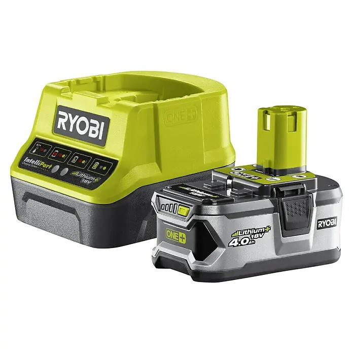 Ryobi ONE+ Batería y cargador RC18120-140 - 18 V, 4 Ah, 1 batería - Cargador Ryobi ONE+ y batería Lithium+ de 18V 4.0Ah para herramientas, ideal para aficionados al bricolaje y profesionales, con carga inteligente.