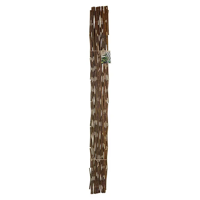 Windhager Wandspalier Weide - B x H: 180 x 120 cm, Weide - Das Bild zeigt einen Rollzaun aus Haselnussholz, der mit Kordeln zusammengebunden ist, ideal für den Garten als Sichtschutz oder zur Dekoration.