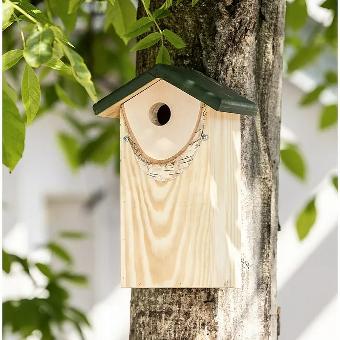 Windhager Nistkasten Mountain Lodge - 17 x 14 x 26 cm, Hellbraun/Grün, Holz - Ein hölzernes Vogelhaus mit grünem Dach, befestigt an einem Baumstamm im Garten, bietet ein charmantes Zuhause für gefiederte Freunde.
