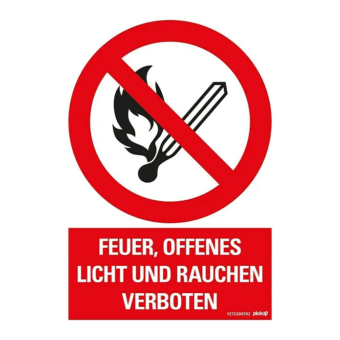Pickup Verbotsschild - Motiv: Feuer verboten, L x B: 23 x 33 cm - Das Bild zeigt ein Verbotsschild für Feuer, offenes Licht und Rauchen mit einem durchgestrichenen Streichholz.