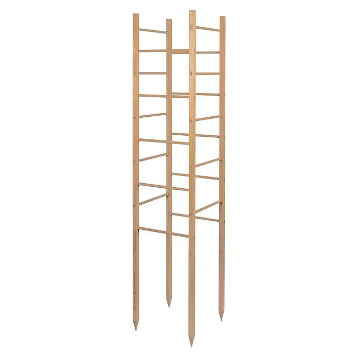 Windhager Rankhilfe Turm - L x B x H: 29 x 29 x 145 cm, Holz - Das Bild zeigt eine dreiteilige, unbehandelte Holzspalier für Kletterpflanzen, ideal für Gärten und Terrassen, mit einer natürlichen Holzoptik.