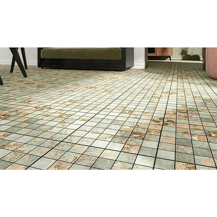Mosaikfliese Bagdad - 29,75 x 29,75 cm, Braun/Grün/Beige, Matt - Das Bild zeigt einen Bodenbelag aus quadratischen Fliesen in einem Vintage-Stil mit verschiedenen Farbnuancen und dunklen Fugenlinien.