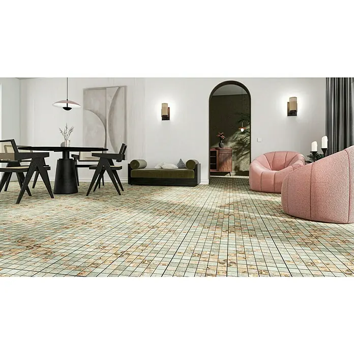 Mosaikfliese Bagdad - 29,75 x 29,75 cm, Braun/Grün/Beige, Matt - Dieses Bild zeigt einen Bodenbelag mit einem Fliesendesign. Das Muster besteht aus vielen kleinen, quadratischen Fliesen.