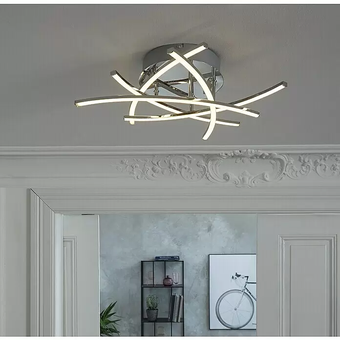 Fischer & Honsel LED-Deckenleuchte Cross TW - 20 W, L x B x H: 50 x 50 x 16 cm, Chrom, Warmweiß - Moderne Chrom-Deckenleuchte mit gebogenen LED-Streifen, die einen Raum mit Zierleisten beleuchtet.
