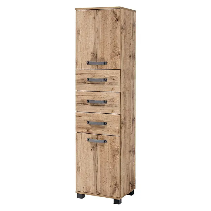 Schildmeyer Milan Hochschrank - 40,5 x 32 x 164 cm, Wotaneiche - Hochformatiger Holzschrank mit einer Tür oben und unten sowie drei Schubladen in der Mitte. Metallgriffe zieren die Fronten.