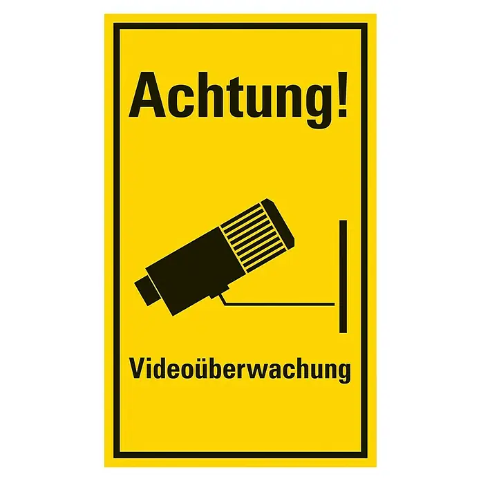 Pickup Hinweisschild - L x B: 25 x 15 cm, Videokamera - Achtung! Videoüberwachungsschild in Gelb mit schwarzer Umrandung und Symbol einer Überwachungskamera.