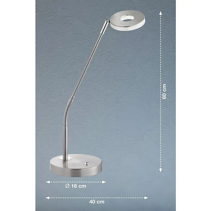 Fischer & Honsel Dent LED-Tischleuchte - 6 W, L x B x H: 40 x 16 x 60 cm, Nickel matt, Warmweiß - Hier ist eine moderne Schreibtischlampe mit LED-Ringkopf und verstellbarem Arm, ideal für Büro und Zuhause.