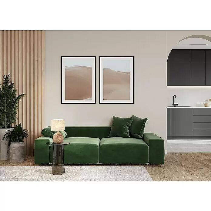 Fischer & Honsel Tischleuchte - L x B x H: 40,5 x 13 x 13 cm, Holzfarben, E27 - Lebhaft grünes modulares Samtsofa mit Kissen in einem modernen Wohnzimmer mit Holzlamellenwand und angrenzendem Küchenbogen.