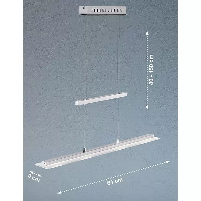 Fischer & Honsel LED-Pendelleuchte Tenso TW - 12 W, L x B x H: 64 x 9 x 150 cm, Nickel matt, Mehrfarbig - Moderne silberfarbene LED-Pendelleuchte mit zwei Leuchtbalken, höhenverstellbar 80-150 cm, 64 cm lang, 9 cm breit.