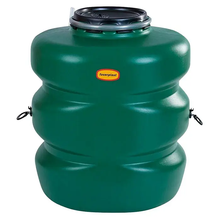 Garantia Basic Line Regentonne - 500 l, Grün - Grüner Faserplast-Behälter mit einem schwarzen Deckel und zwei Hähnen, ideal für Gartenarbeit und Wasserversorgung.