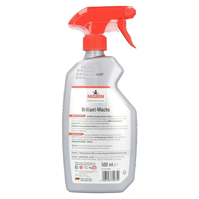Nigrin Performance Wachspolitur Brillant Wachs Turbo - 500 ml - Nigrin Performance Brillant-Wachs zur Lack-, Kunststoff-, Glas-, Felgen- und Metallteilekonservierung für langanhaltenden Abperleffekt.