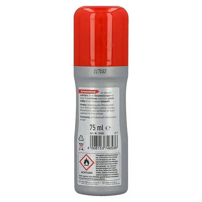 Nigrin Gummipflegestift - 75 ml - Bild einer grauen Flasche mit rotem Deckel und einem Etikett mit Anwendungshinweisen und Gefahrenhinweisen.