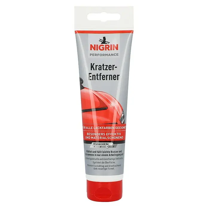 Nigrin Kratzer-Entferner - 150 g - Abbildung einer Nigrin Performance Kratzerentferner-Tube. Das Produkt ist für alle Lackfarben geeignet und besonders effektiv.