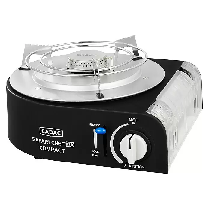 Cadac Gasgrill Safari Chef 30 Compact Lite - Durchmesser Grillfläche: 30 cm, 1,6 kW, Anzahl Brenner: 1 Stk. - Schwarzer tragbarer CADAC Gasherd mit silbernem Grillrost und Bedienelementen.