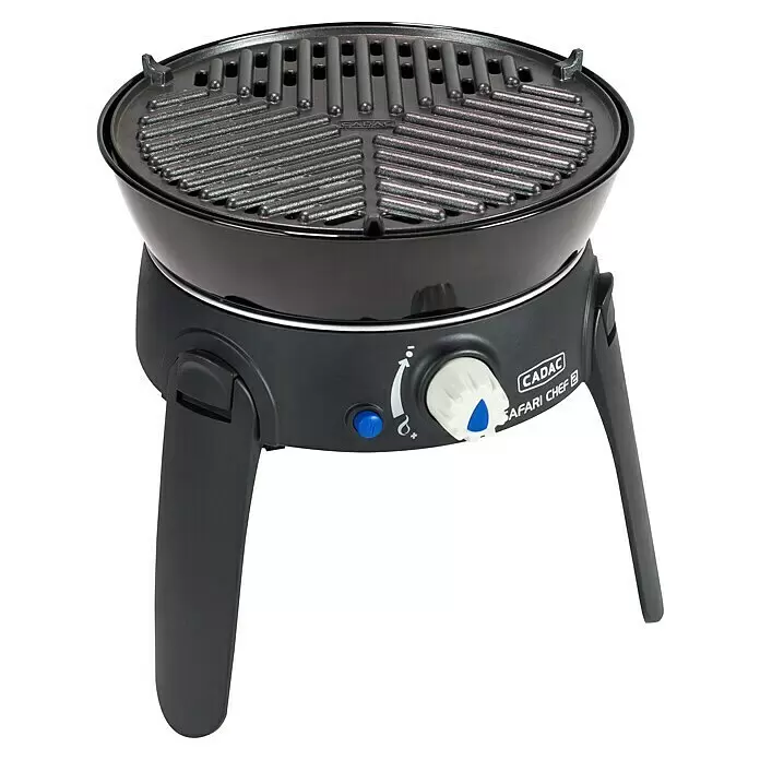 Cadac Gasgrill Safari Chef 30 Lite HP - Durchmesser Grillfläche: 28 cm, 1,8 kW, Anzahl Brenner: 1 Stk. - Schwarzer tragbarer CADAC Safari Chef 2 Gasgrill mit Wendeplatte (glatt/geriffelt), Zündknopf und Drehregler.