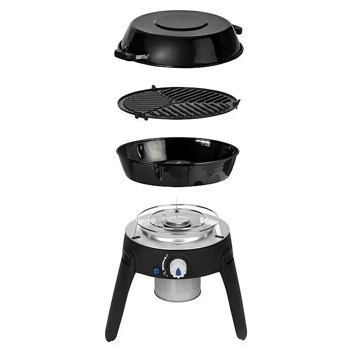 Cadac Gasgrill Safari Chef 30 Lite HP - Durchmesser Grillfläche: 28 cm, 1,8 kW, Anzahl Brenner: 1 Stk. - Zerlegter schwarzer tragbarer Gasgrill mit Deckel, Rost, Fettpfanne und Basis mit Gaskartusche.