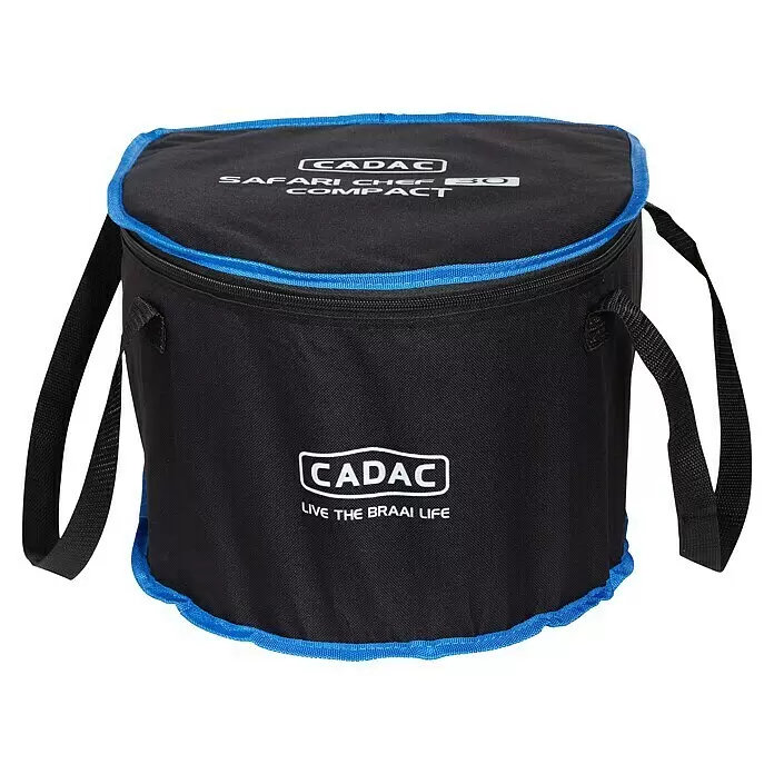 Cadac Gasgrill Safari Chef 30 Compact Lite - Durchmesser Grillfläche: 30 cm, 1,6 kW, Anzahl Brenner: 1 Stk. - Schwarze CADAC Safari Chef 30 Compact Tragetasche mit blauer Borte und Griffen, aus Stoff.