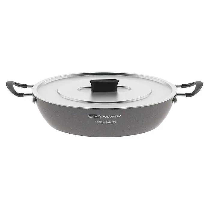 Cadac Grillpfanne - Durchmesser: 29 cm, Höhe: 6,5 cm - Bild einer Cadac Dometic Paella Pan 30 mit Deckel, ideal für köstliche Paella-Gerichte im Freien. Robuste Konstruktion für gleichmäßige Wärmeverteilung.