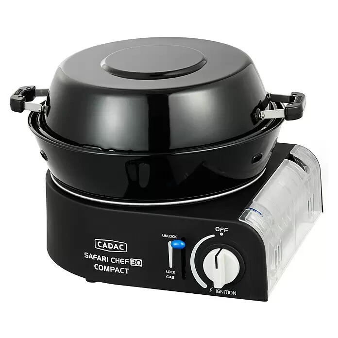 Cadac Gasgrill Safari Chef 30 Compact Lite - Durchmesser Grillfläche: 30 cm, 1,6 kW, Anzahl Brenner: 1 Stk. - Schwarzer tragbarer Gasgrill mit integriertem Deckel, Drehknopf und transparentem Gaskartuschenfach.