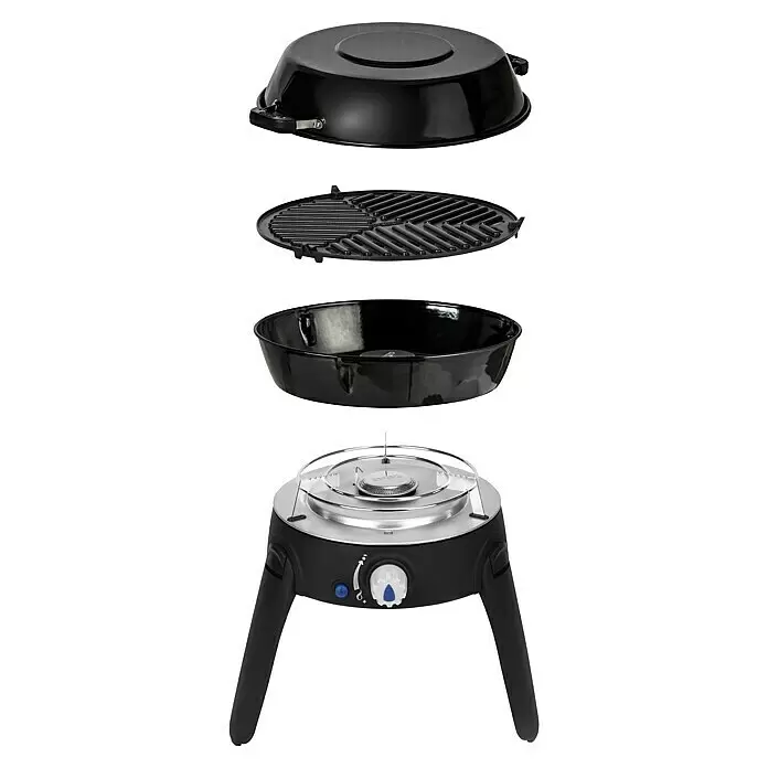 Cadac Gasgrill Safari Chef 30 Lite LP - Durchmesser Grillfläche: 28 cm, 1,8 kW, Anzahl Brenner: 1 Stk., 30 mbar - Zerlegter schwarzer tragbarer Gasgrill: Deckel, Grillrost, Fettschale, Brennereinheit mit Füßen.