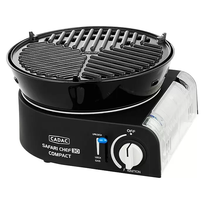 Cadac Gasgrill Safari Chef 30 Compact Lite - Durchmesser Grillfläche: 30 cm, 1,6 kW, Anzahl Brenner: 1 Stk. - Schwarzer CADAC Safari Chef 30 Compact tragbarer Gasgrill mit runder Grillplatte, Bedienknopf und transparentem Gaskartuschenfach.