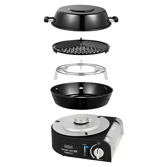 Cadac Gasgrill Safari Chef 30 Compact Lite - Durchmesser Grillfläche: 30 cm, 1,6 kW, Anzahl Brenner: 1 Stk. - Zerlegte Ansicht eines schwarzen und silbernen tragbaren Gasgrills mit Deckel, Grillrost, Topfhalter, Fettpfanne und Brennereinheit.