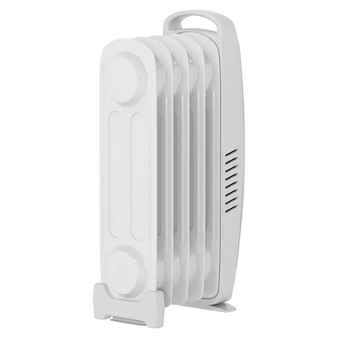 Voltomat HEATING Ölradiator Mini - 600 W, Raumgröße bis ca. 6 m², Weiß - Nahaufnahme einer weißen Ölradiatorheizung mit mehreren Heizkörpersegmenten und einem Tragegriff.