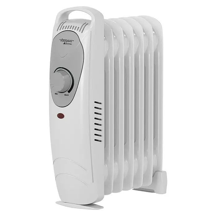 Voltomat HEATING Radiador de aceite Mini - 800 W, Habitaciones hasta 8 m², Blanco - Primer plano de un radiador de aceite Voltomate blanco con seis nervios, un regulador y un panel de control. Ideal para calor adicional en casa.