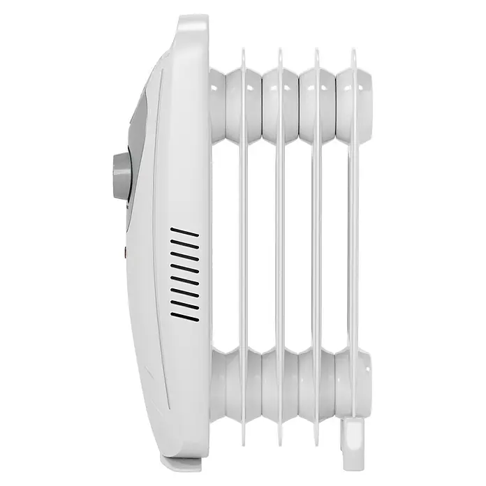 Voltomat HEATING Ölradiator Mini - 600 W, Raumgröße bis ca. 6 m², Weiß - Nahaufnahme eines weißen Ölradiators mit Heizkörperrippen und Bedienelementen an der Seite für die Wärmeregulierung im Raum.